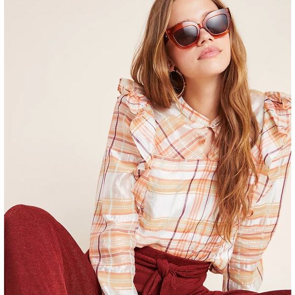 Anthropologie Tops - ANTHROPOLOGIE x CURRENT AIR Polly Ruffle Plaid Blouse Orange Cream {S41}